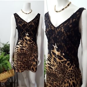 🔖Live Forever🍂Leopard Black Beaded Lace Patches V-Neck Mini Dress